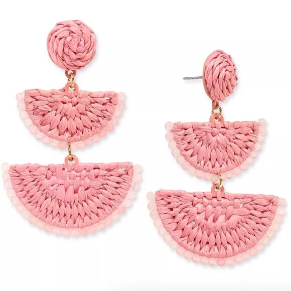 On 34th Raffia Drop Earrings Gold Tone Stone Bead & Woven NWT - Picture 1 of 2